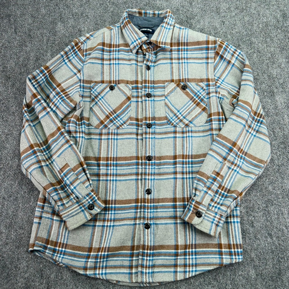 Lands End Flannel Shirt Mens Small Grey Blue Plaid Traditional Fit Button Up